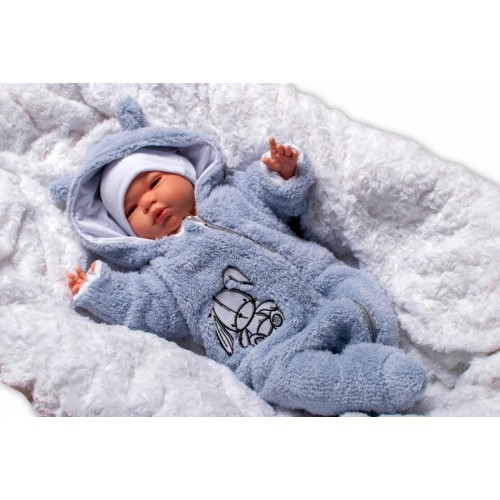 Baby Nellys Chlpáčkový overálek  s kapucňou, Cute Bunny - šedý