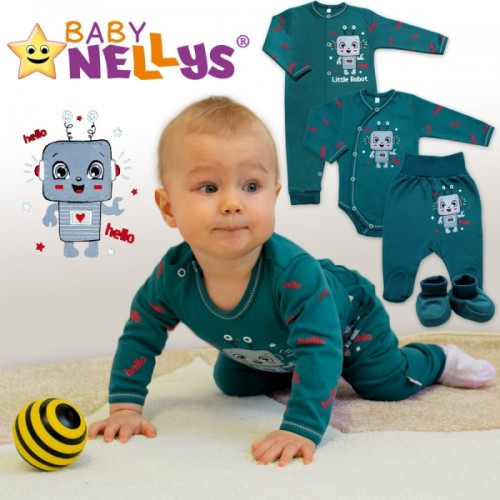 Baby Nellys Bavlnený dojčenský overal bez šľapiek Little Robot, tmavo zelený
