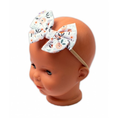 Baby Nellys Hand Made Dvojvrstvová bavlnená čelenka - mašlička Palouček, biela - 1ks