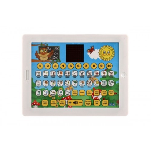 Náučný tablet múdre sovy dvojjazyčný CZ+AJ plast 24x19x2cm na batérie so zvukom v kr