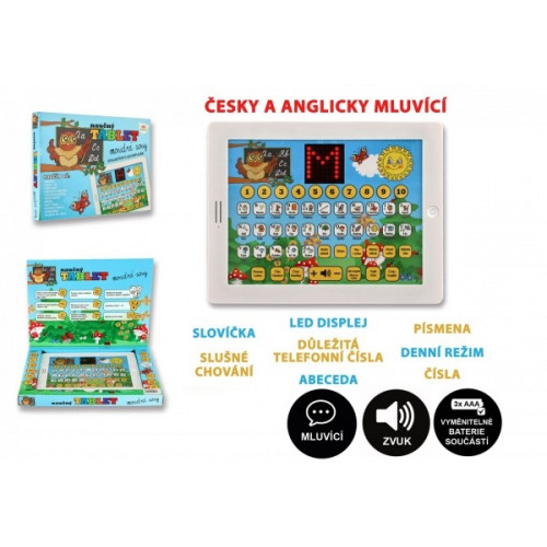 Náučný tablet múdre sovy dvojjazyčný CZ+AJ plast 24x19x2cm na batérie so zvukom v kr