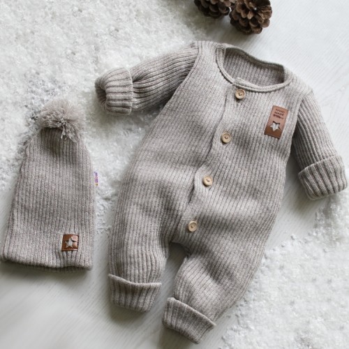 Baby Nellys 2-dielna sada Pletený overálek STAR + čiapky Hand Made, bežový