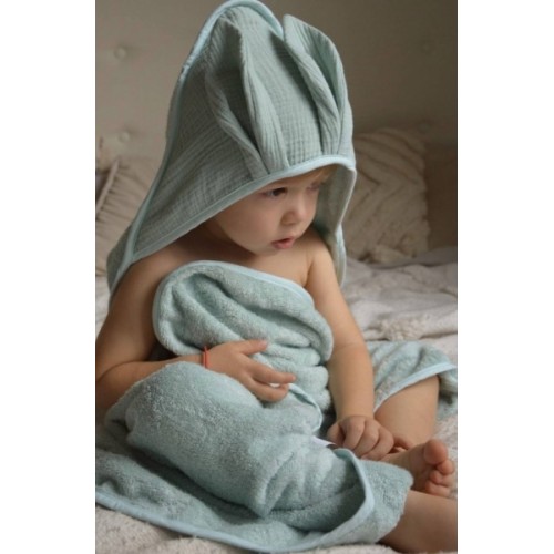 Baby Nellys Bambusová osuška s kapucňou RABBIT, 100x100 cm, mätová