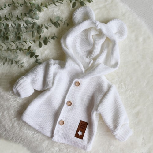 Elegantný pletený svetrík s gombíkmi a kapucňou s uškami Baby Nellys, biely