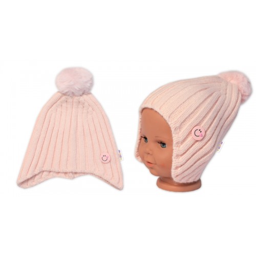 Detská zimná čiapka s brmbolcom Smile, Baby Nellys - púdrovo ružová, veľ. 48-54 cm