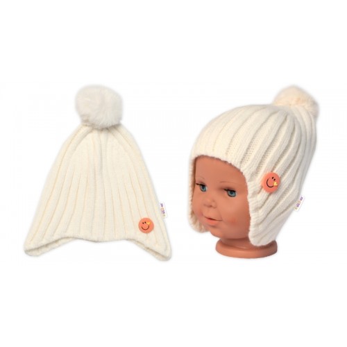 Detská zimná čiapka s brmbolcom Smile, Baby Nellys - smotanová, veľ. 48-54 cm