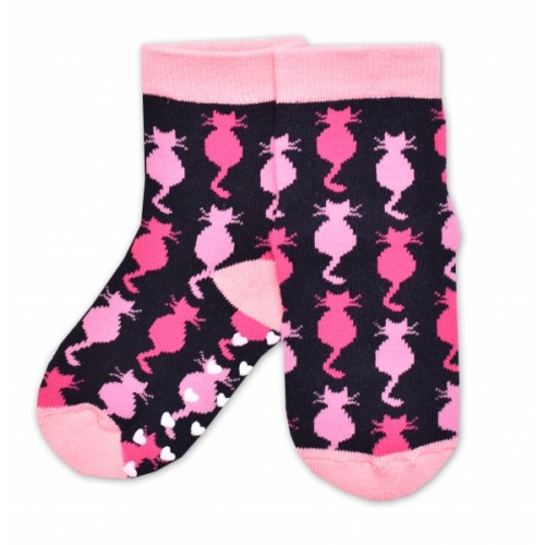 Detské froté ponožky s ABS Mačka - čierno/ružové, veľ. 31/34