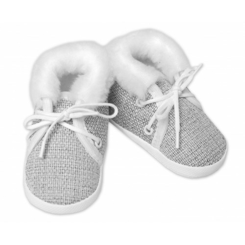 Dojčenské capáčky/topánočky na šnurovanie s kožúškom, Baby Nellys, sivé, vel. 62/68