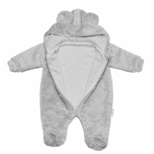 Chlpáčkový overal Luna s kapucňou + rukavičky, Baby Nellys, Medvedík, sv. sivý, veľ. 74/80