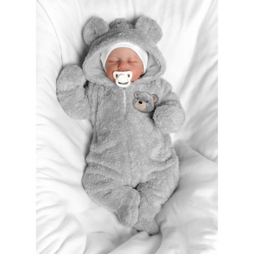 Chlpáčkový overal Luna s kapucňou + rukavičky, Baby Nellys, Medvedík, sv. sivý, veľ. 74/80