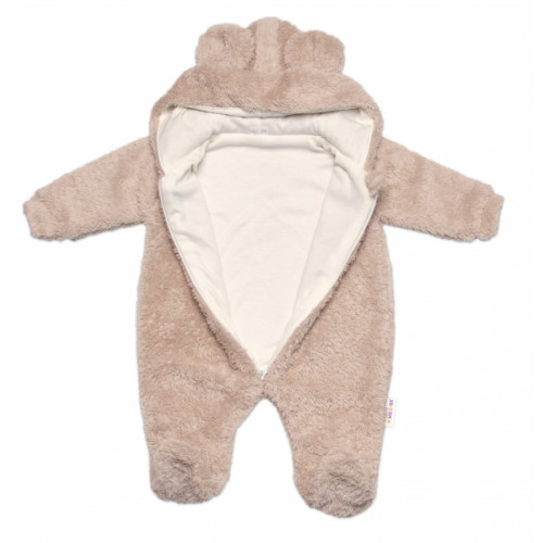 Chlpáčkový overal Luna s kapucňou + rukavičky, Baby Nellys, Medvedík, bežový, veľ. 74/80