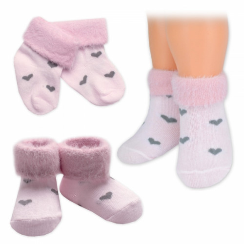 Bavlnené detské ponožky s chlpáčkovým lemom, Srdiečka - ružové, 1 pár