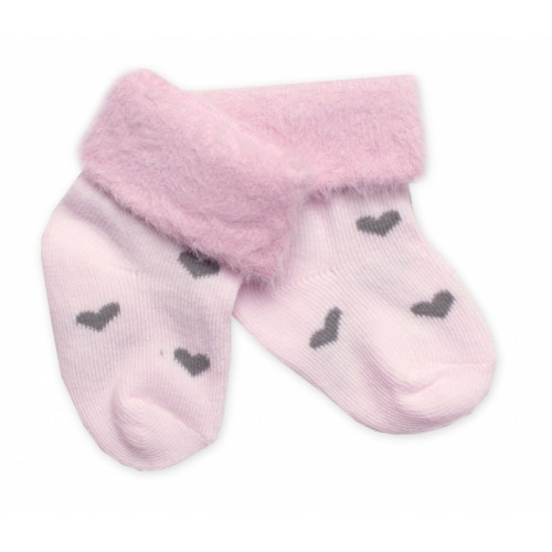 Bavlnené detské ponožky s chlpáčkovým lemom, Srdiečka - ružové, 1 pár