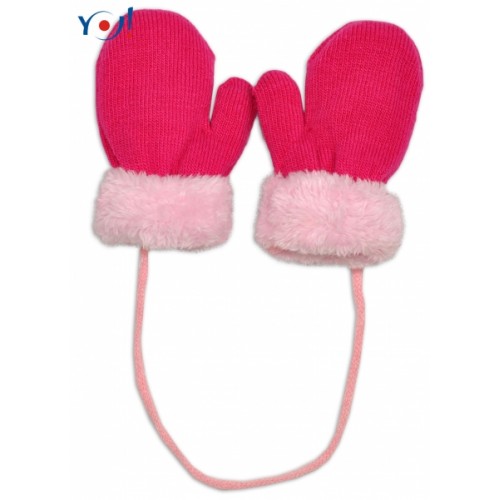 YO! Zimné detské rukavice s kožušinou - šnúrkou YO - malinová/ružová kožušina